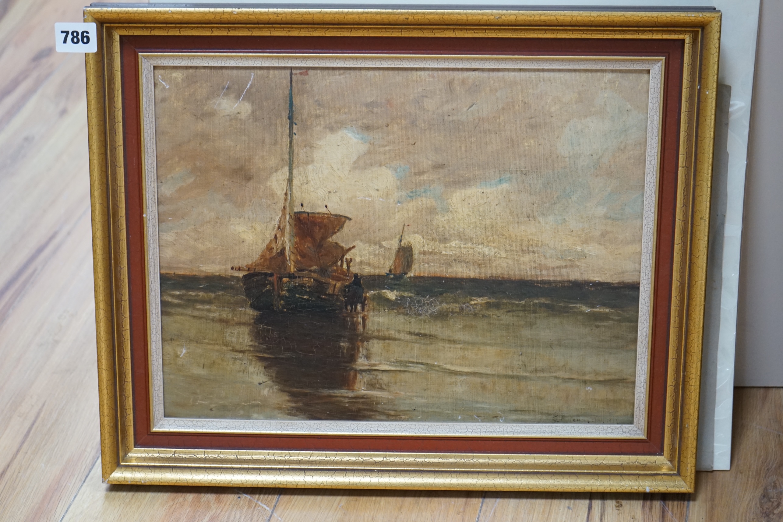 20th century, oil on canvas board, Seascape with fishing boats, unsigned, 28 x 37cm. Condition - poor to fair